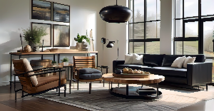 A cozy living room with a reclaimed wooden coffee table and modern metal chairs, illuminated by natural light.