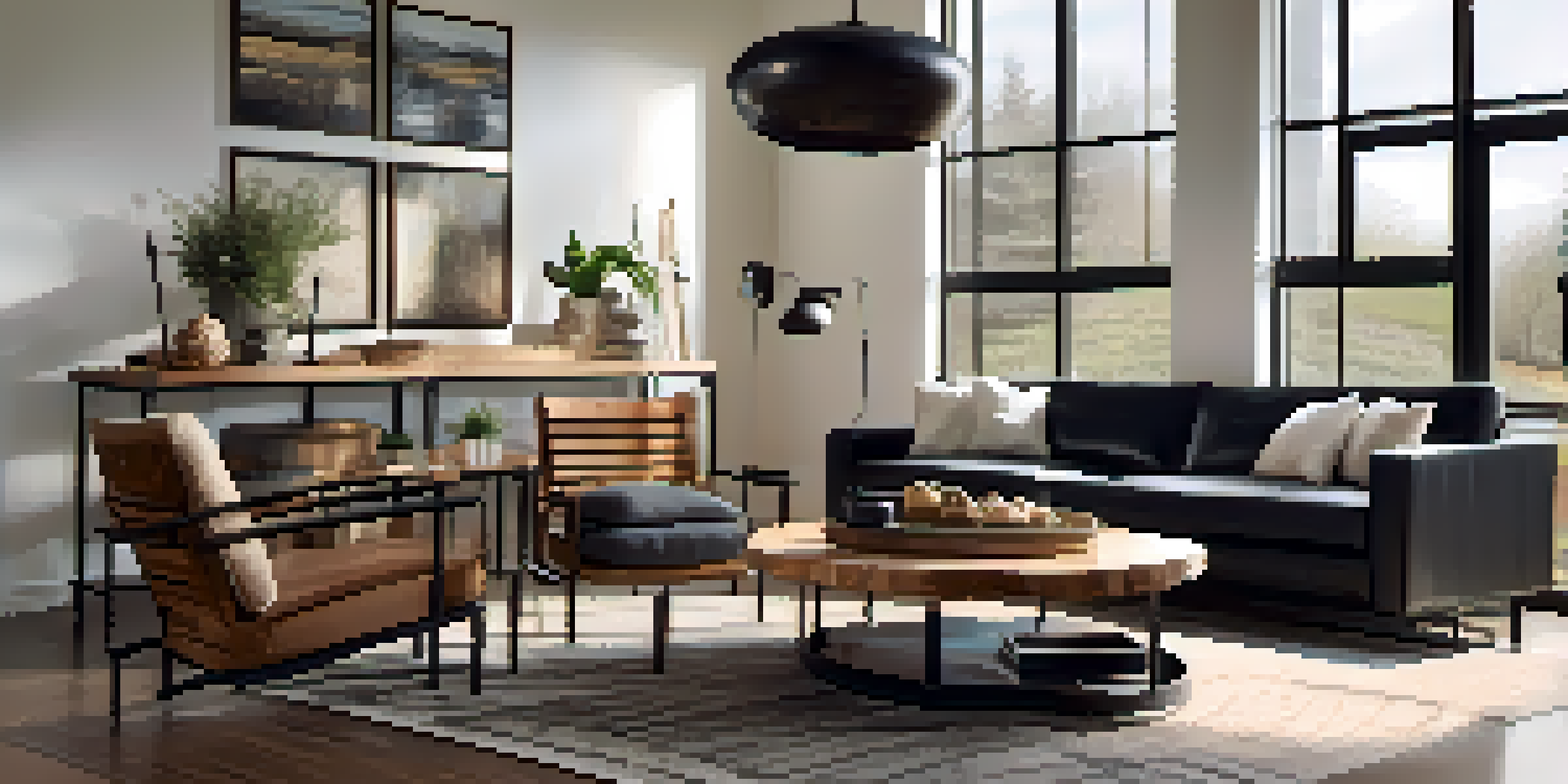 A cozy living room with a reclaimed wooden coffee table and modern metal chairs, illuminated by natural light.