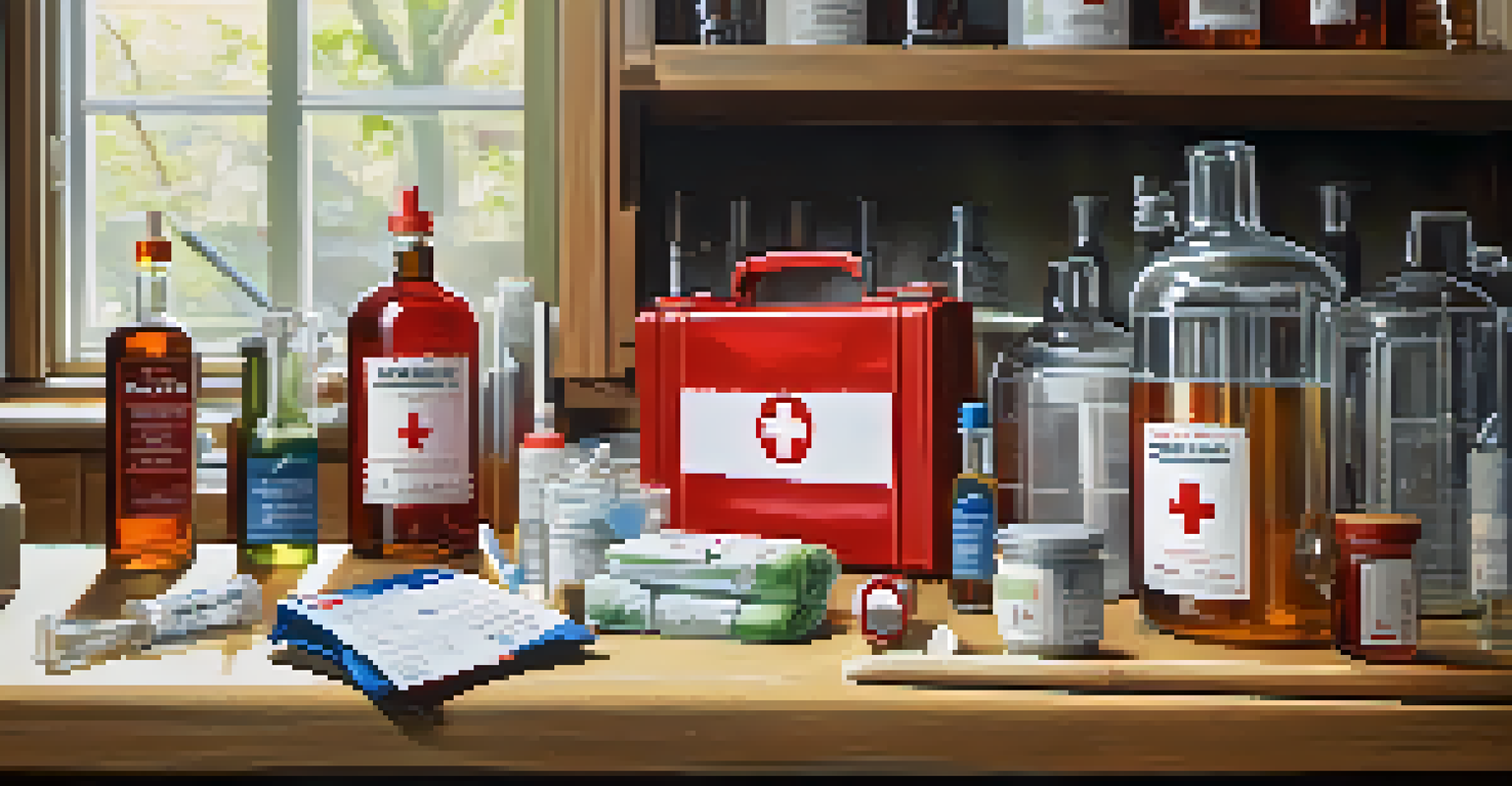 A first aid kit next to a distillation setup in a bright kitchen, showcasing a safe distilling environment.