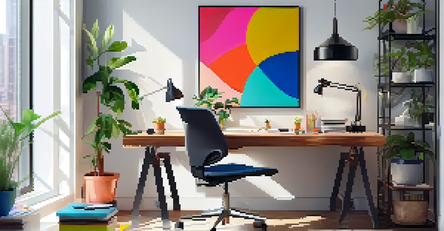 A modern home office setup with an ergonomic chair, colorful supplies, and an abstract painting, featuring soft lighting.