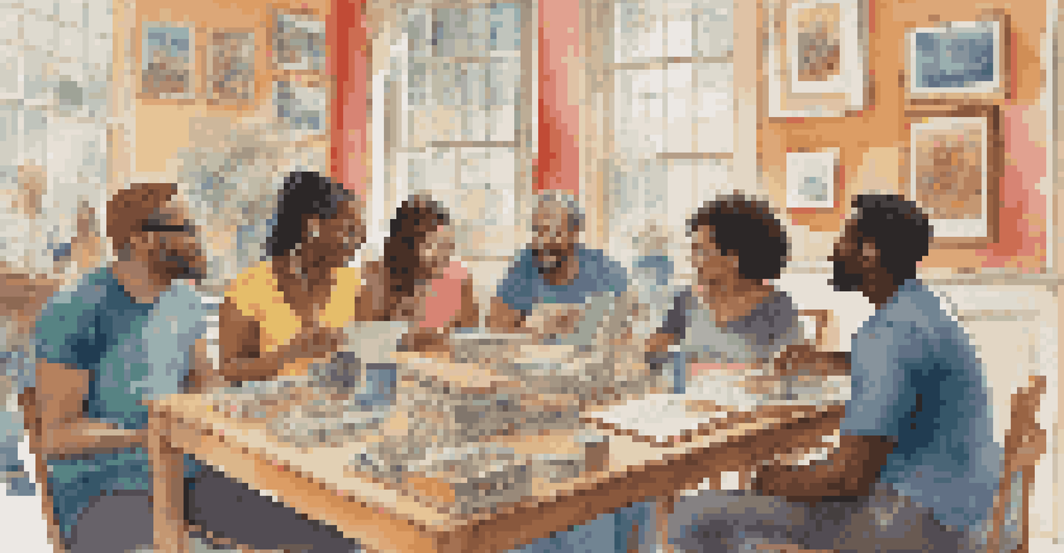 A diverse group discussing books in a colorful community space, displaying expressions of engagement and curiosity.