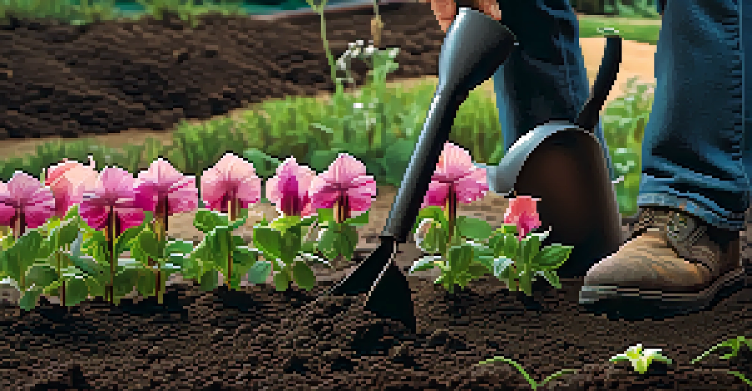 A close-up of freshly planted flowers in dark soil, with a gardener's hand and a watering can beside them.