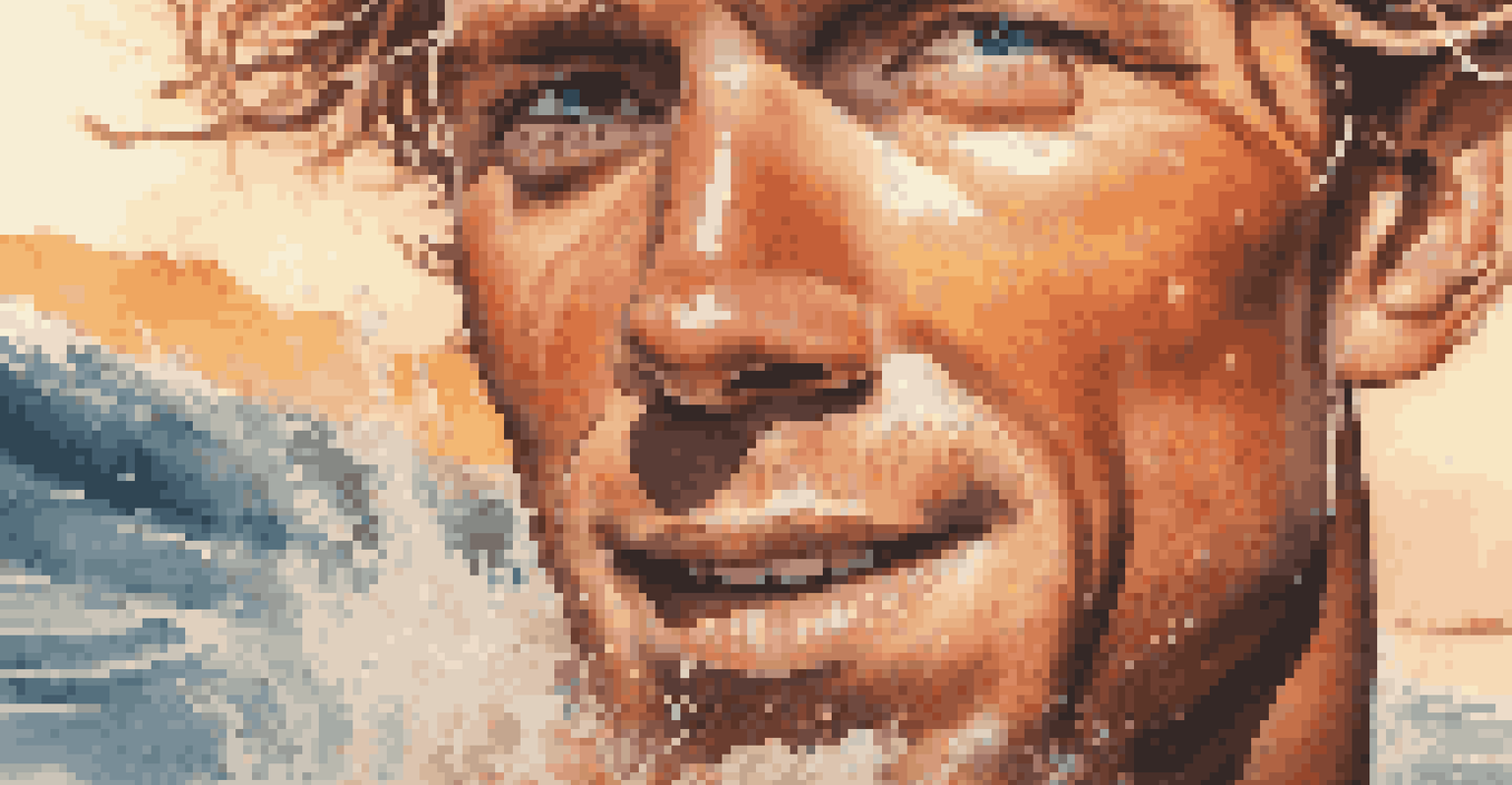 Close-up of a surfer's face with a focused expression, water droplets around them and a wave in the background.