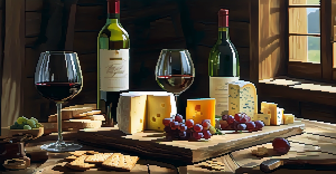 A rustic wooden table set for a wine tasting with various glasses of wine, a wine bottle, and cheese and crackers, illuminated by soft natural light.