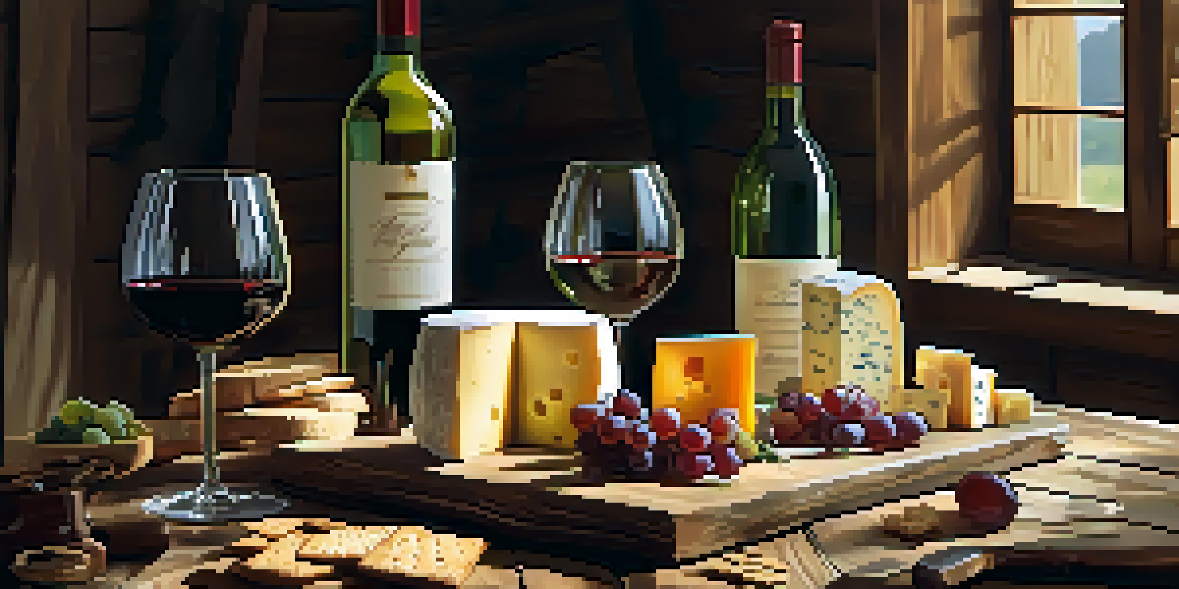 A rustic wooden table set for a wine tasting with various glasses of wine, a wine bottle, and cheese and crackers, illuminated by soft natural light.