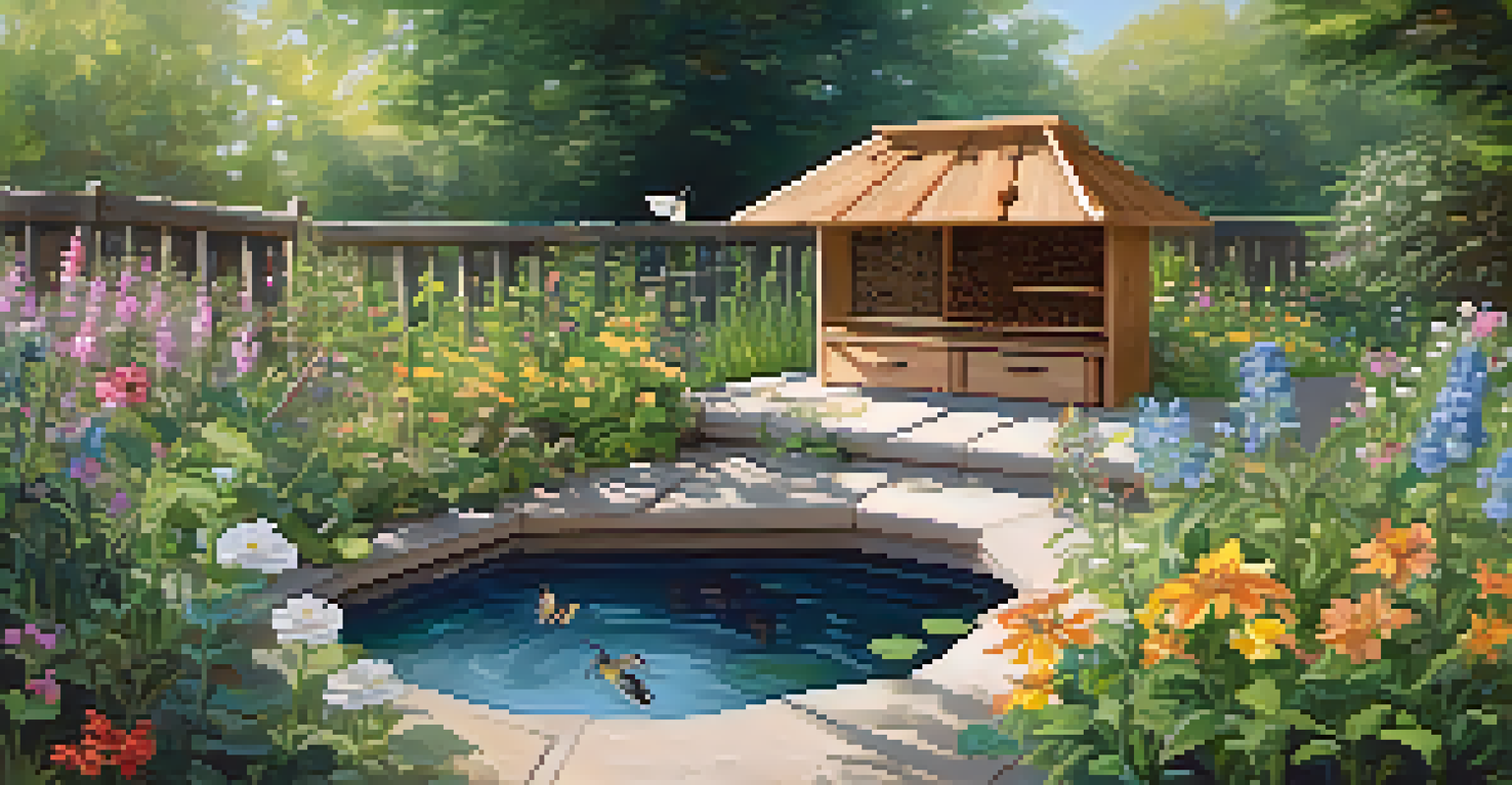A peaceful garden corner featuring an insect hotel and various blooming plants, with pollinators like bees and butterflies.