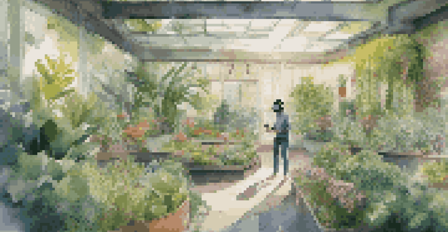 A person using a VR headset to explore a digital garden, surrounded by vibrant plants and realistic lighting effects.