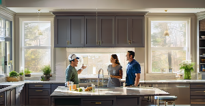 A contractor in a hard hat discussing renovation plans with a couple in a well-lit modern kitchen, with a blueprint on the island.