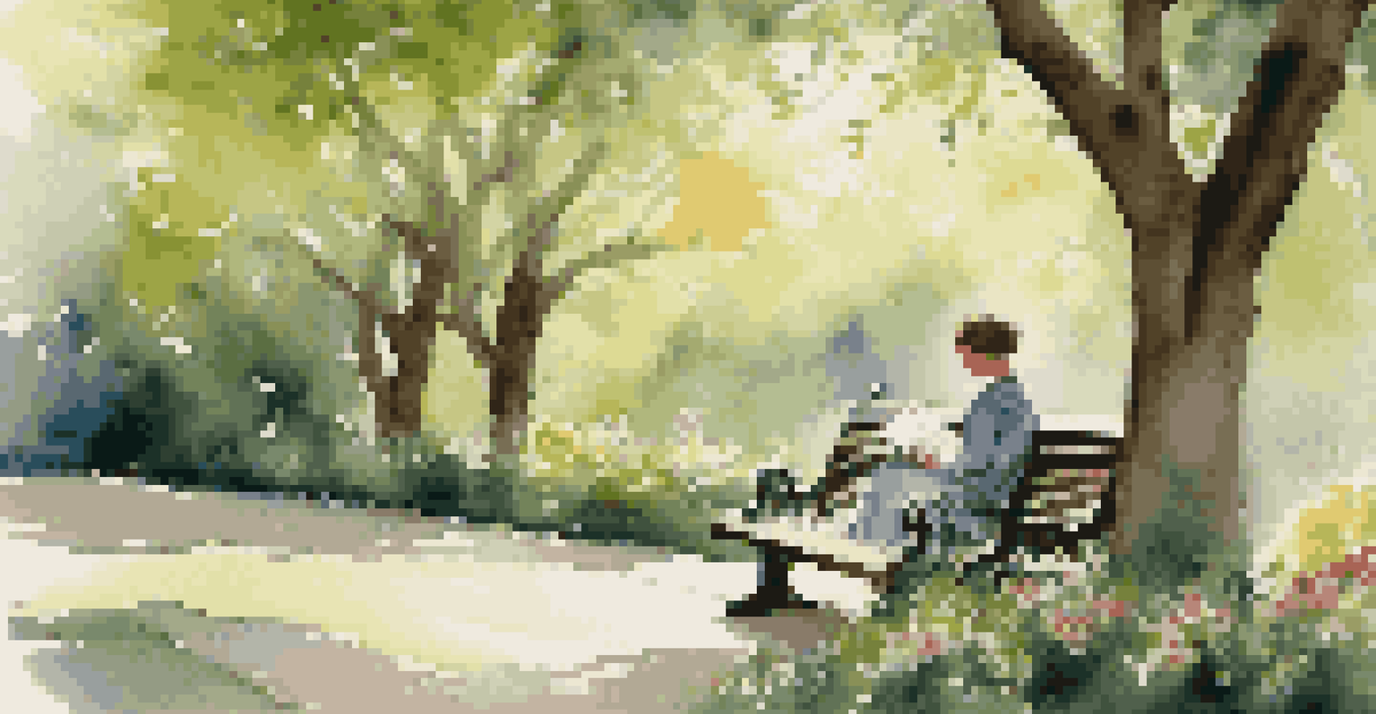 A person reading a book on a park bench surrounded by blooming flowers and trees, enjoying a peaceful outdoor moment.