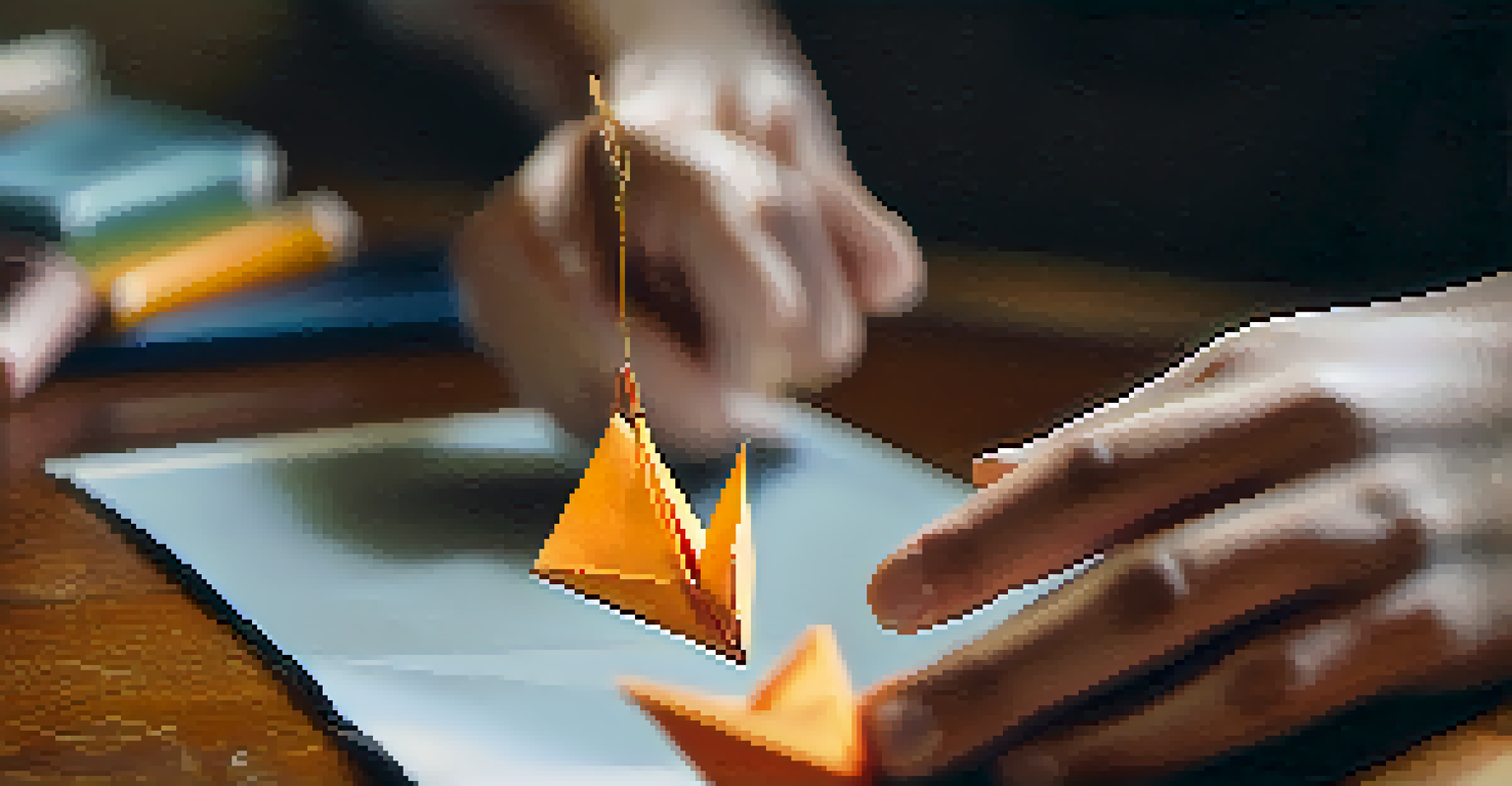 A close-up view of hands skillfully folding origami paper into a crane, with a softly blurred background that emphasizes the intricate details.