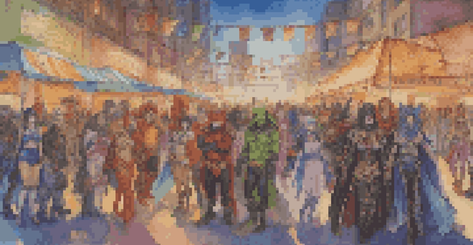 A lively convention scene featuring various cosplayers in detailed costumes, surrounded by colorful banners and a crowd.