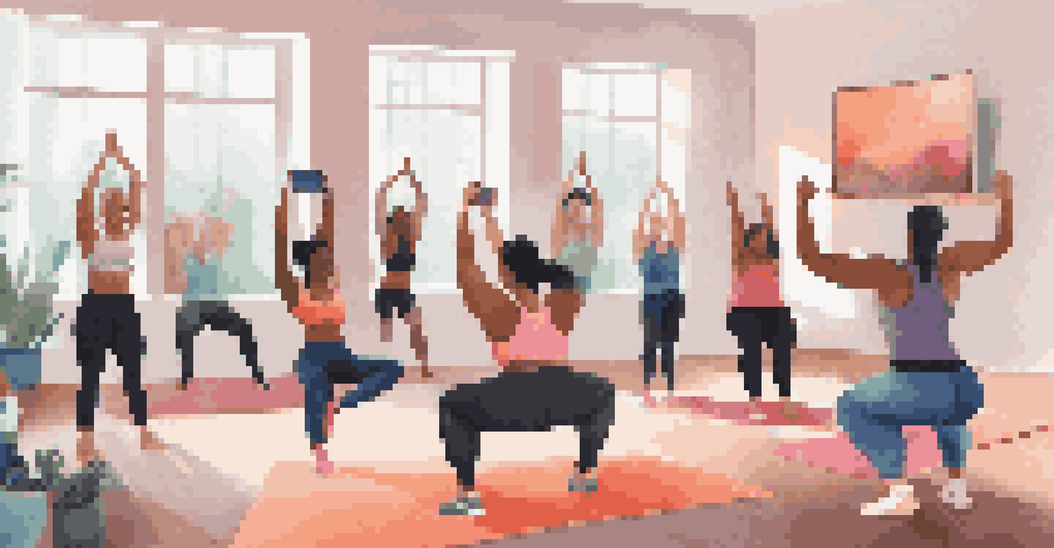 A group of people following an online fitness class in a stylish living room with workout equipment.