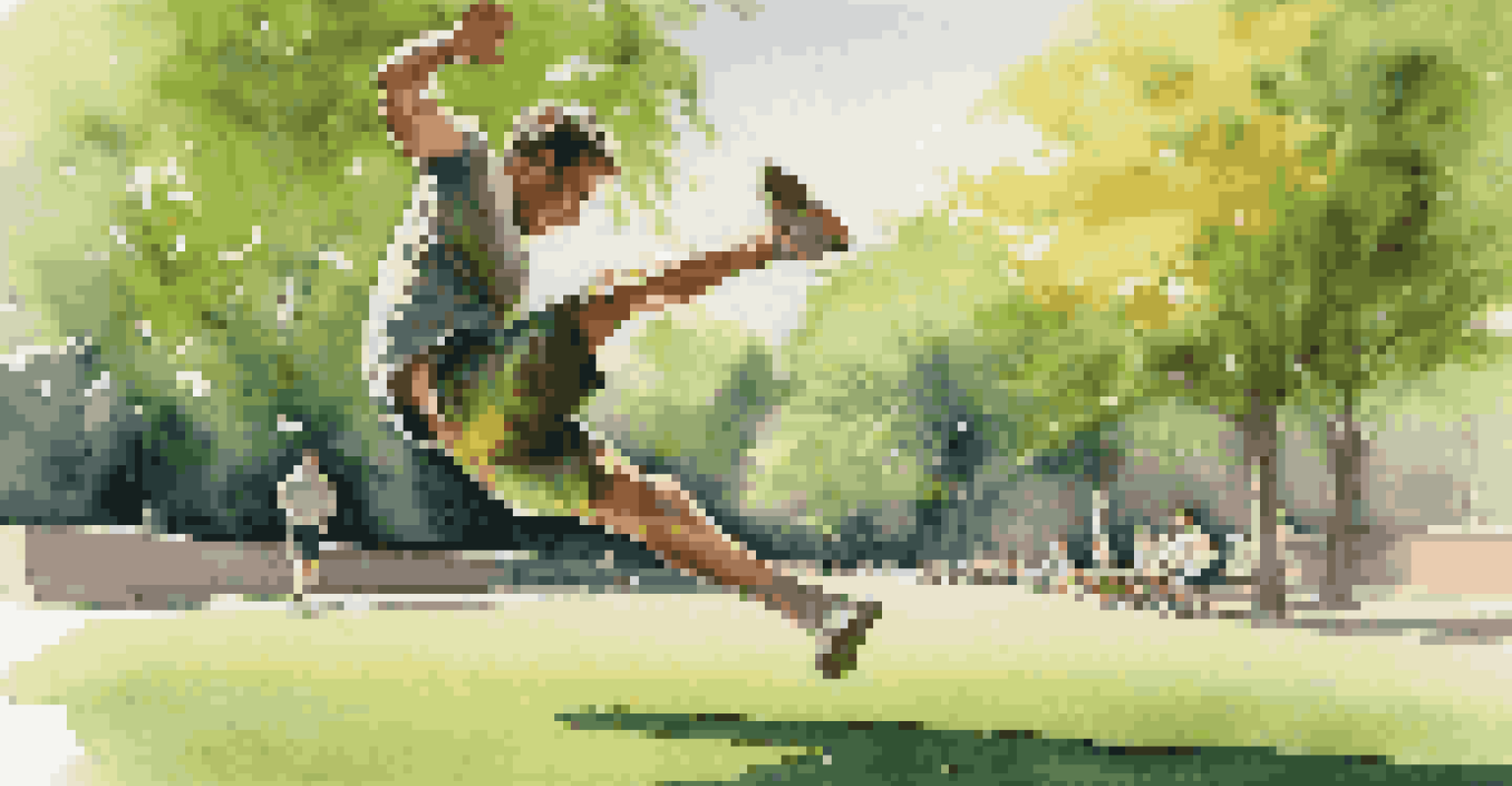 A parkour athlete rolling on a grassy area after landing a jump, with sunlight peeking through trees in a city park.