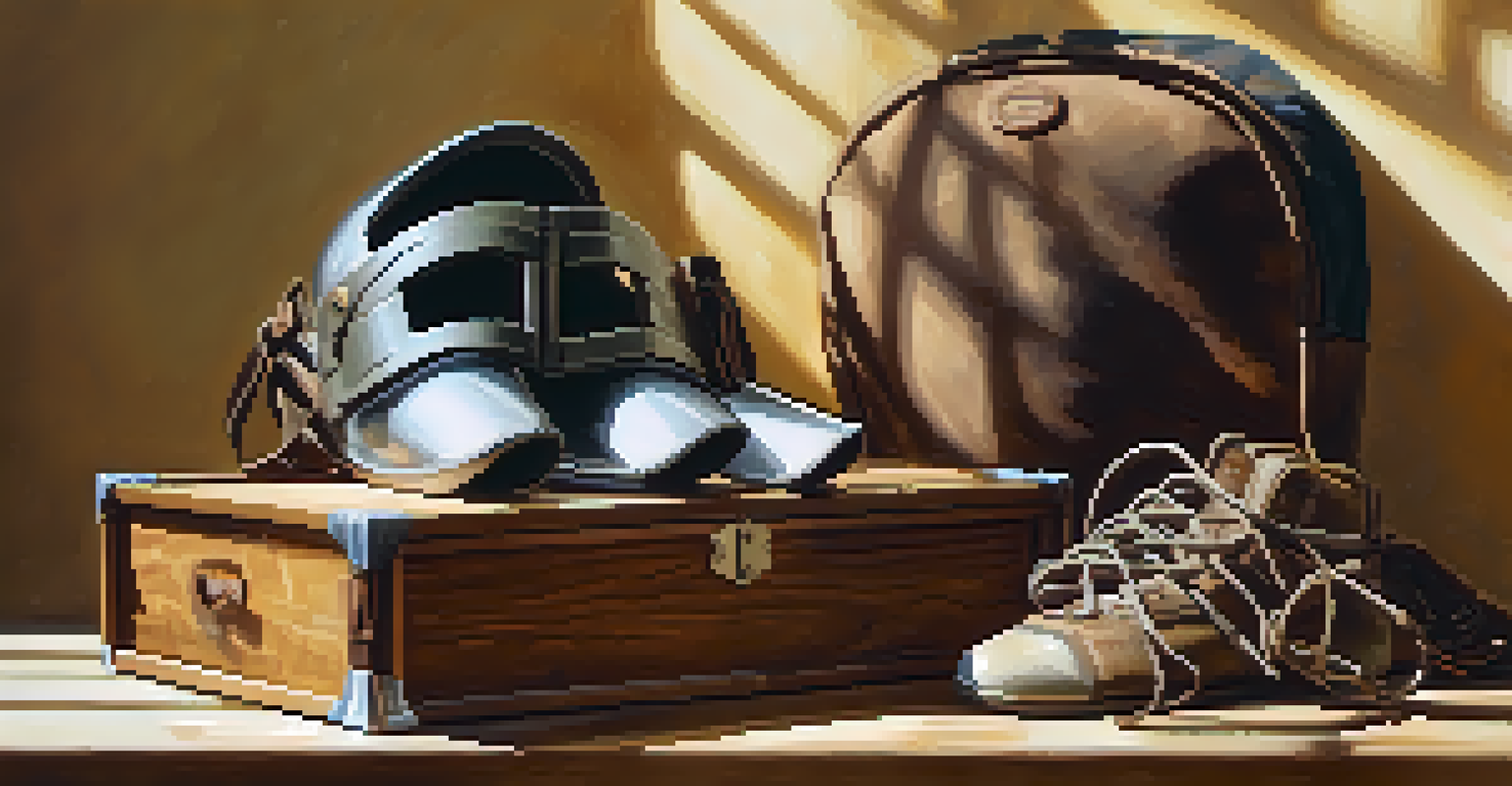 An artistic arrangement of fencing accessories on a wooden surface, including a chest protector, knee pads, and gloves.