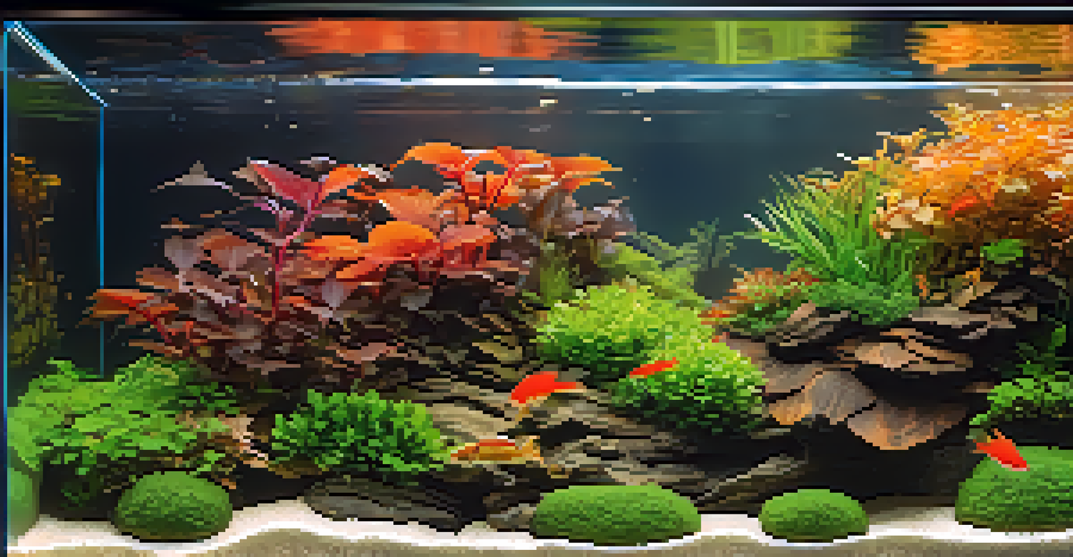 An autumn underwater landscape with colorful plants and fallen leaves, depicting the seasonal changes in an aquascape.