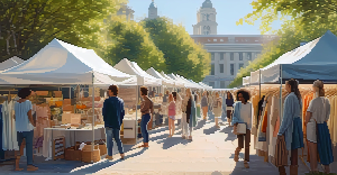 An outdoor sustainable fashion market with stalls displaying eco-friendly clothing, surrounded by trees and sunlight filtering through.