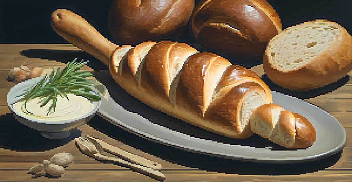 A still life featuring various types of freshly baked bread including a round boule, long baguettes, and soft dinner rolls, arranged on a rustic wooden table with natural light illuminating the scene.