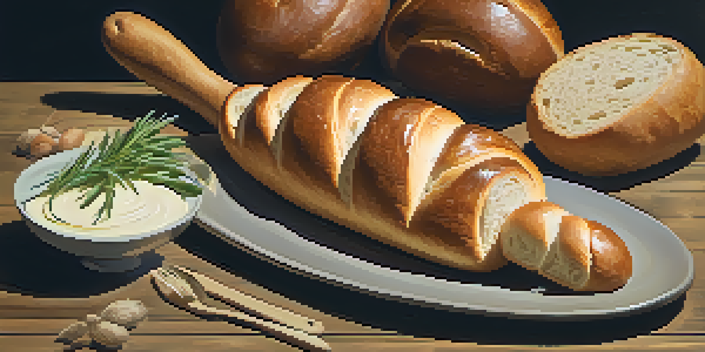 A still life featuring various types of freshly baked bread including a round boule, long baguettes, and soft dinner rolls, arranged on a rustic wooden table with natural light illuminating the scene.