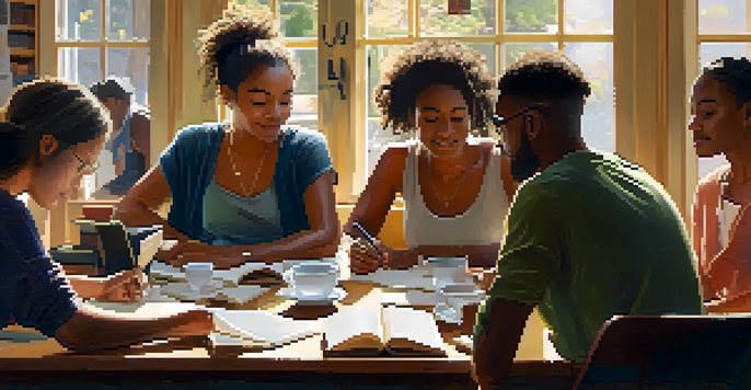 A warm and inviting writing workshop with people of various backgrounds focused on writing memoirs, surrounded by sunlight and inspirational quotes.