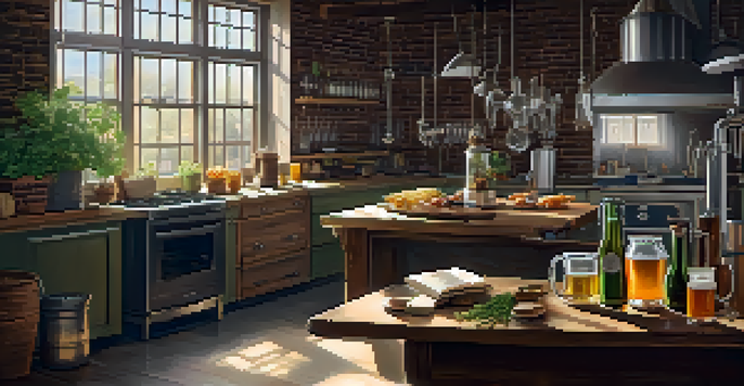 A well-lit kitchen with a brewing kettle, ingredients for beer, and a chalkboard displaying a recipe.