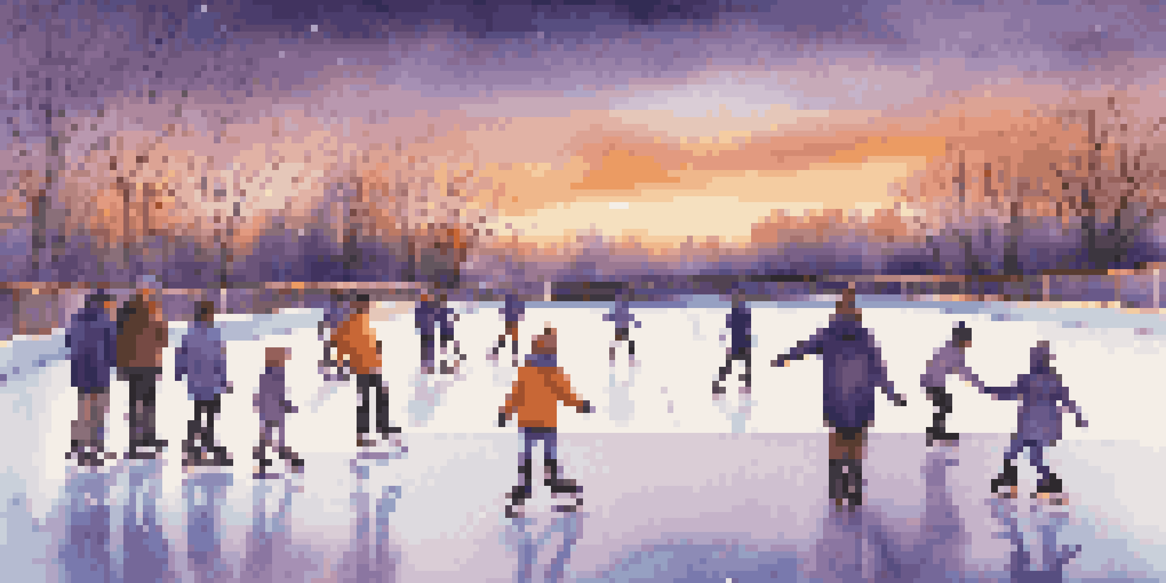 A peaceful ice skating rink during dusk with beginners practicing and a confident skater in the background, set against a colorful sky.