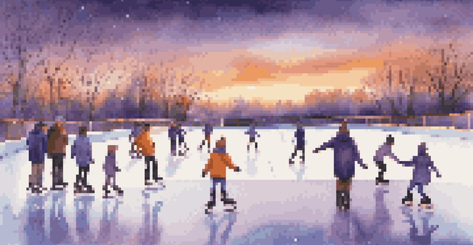 A peaceful ice skating rink during dusk with beginners practicing and a confident skater in the background, set against a colorful sky.