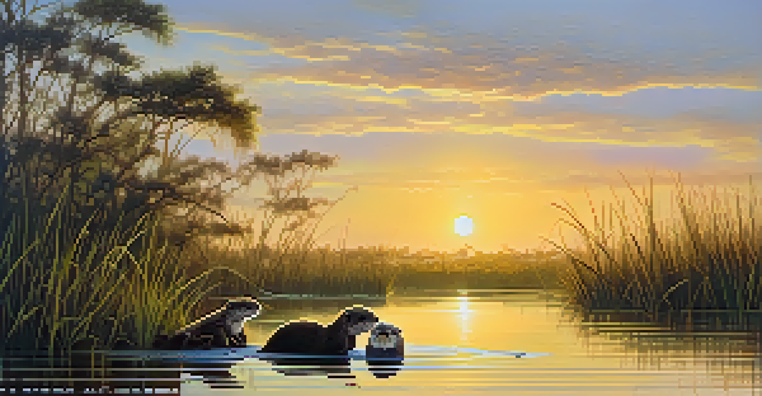 Playful otters swimming in the Everglades at dawn.