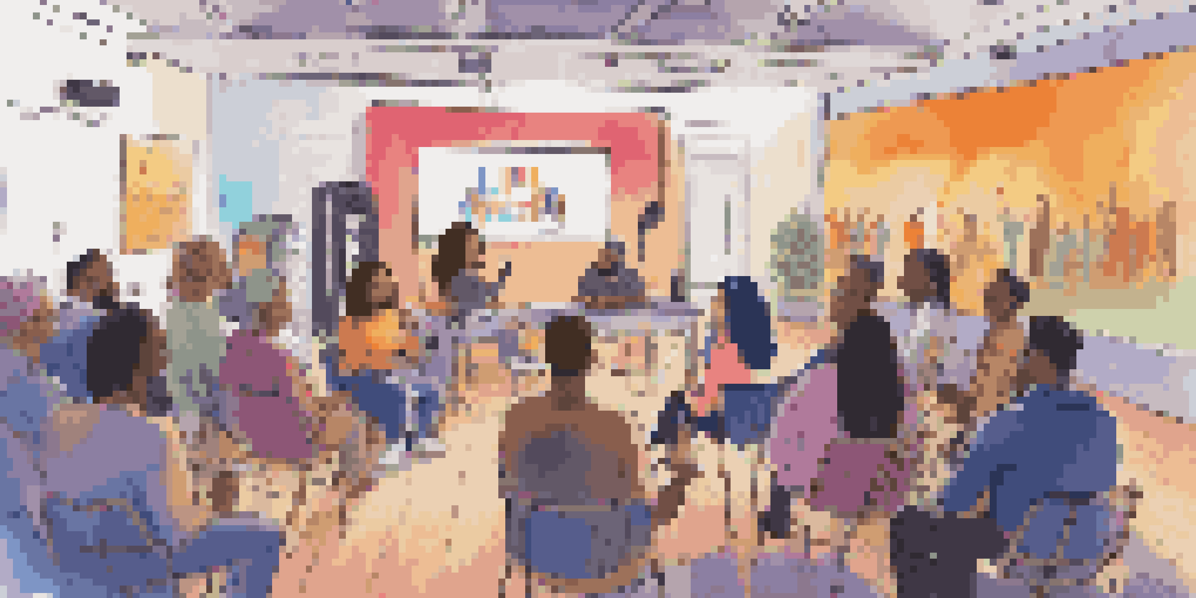 A lively podcasting event with a diverse audience engaged and a host speaking animatedly into a microphone.