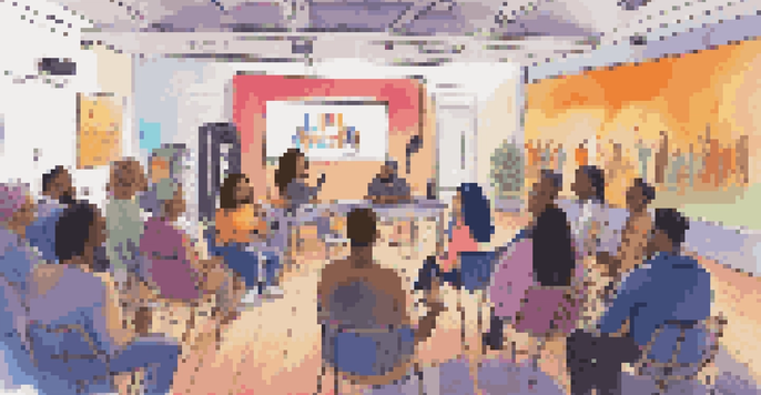 A lively podcasting event with a diverse audience engaged and a host speaking animatedly into a microphone.