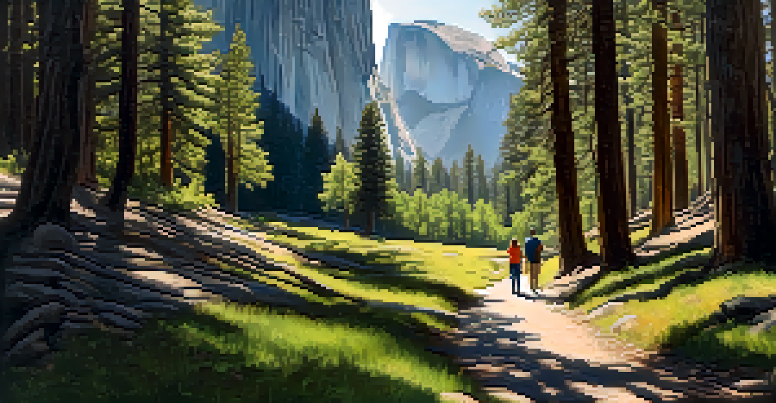 A peaceful forest trail in Yosemite National Park, with granite cliffs and a couple walking along a stream.