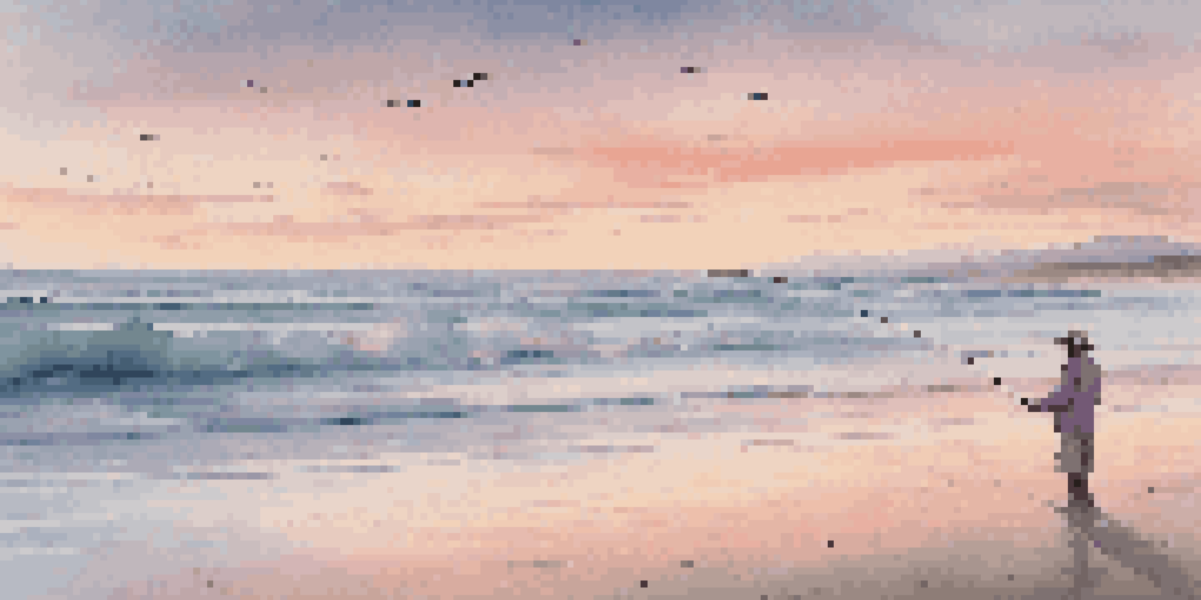 A peaceful beach at dawn with an angler casting a fishing line into the surf, surrounded by pastel-colored skies and gentle waves.