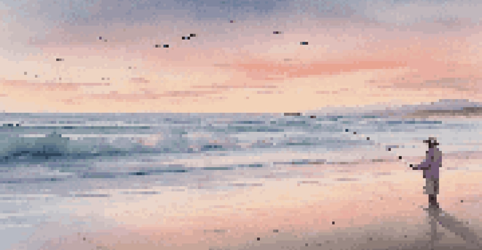 A peaceful beach at dawn with an angler casting a fishing line into the surf, surrounded by pastel-colored skies and gentle waves.