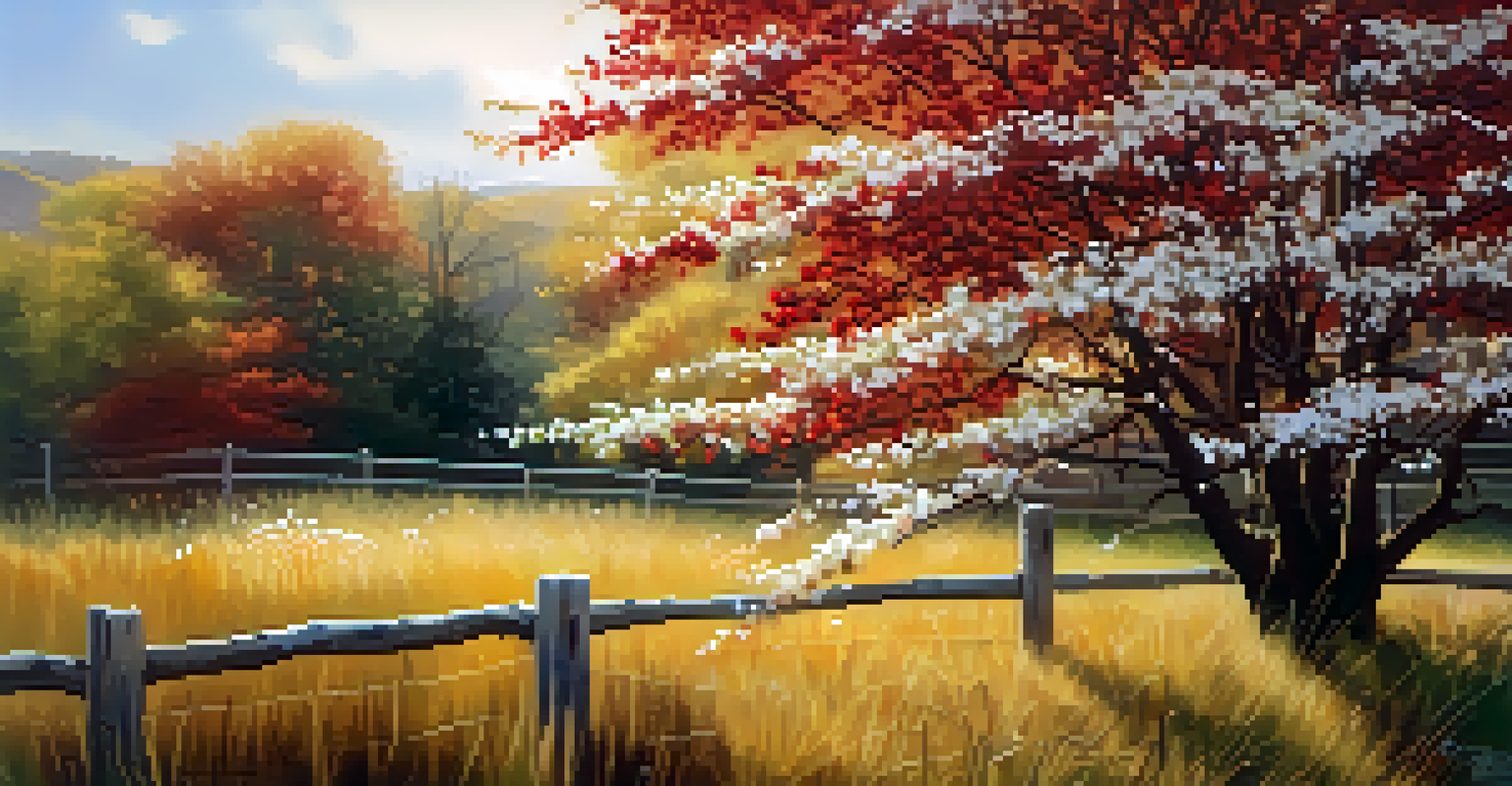 An autumn view of a serviceberry tree with white blossoms and red berries, surrounded by native grasses and wildflowers in a sunny garden.