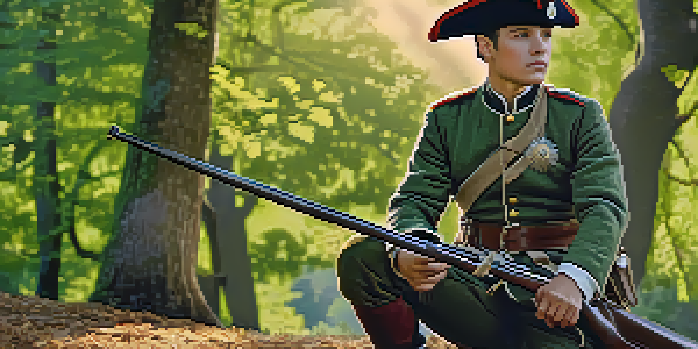 A reenactor in a wool uniform stands on a green battlefield, holding a replica weapon under sunlight filtering through trees.