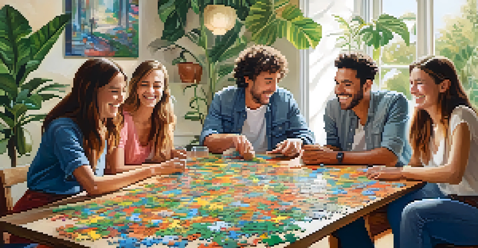A group of friends working together on a jigsaw puzzle at a table, surrounded by laughter and colorful puzzle pieces.