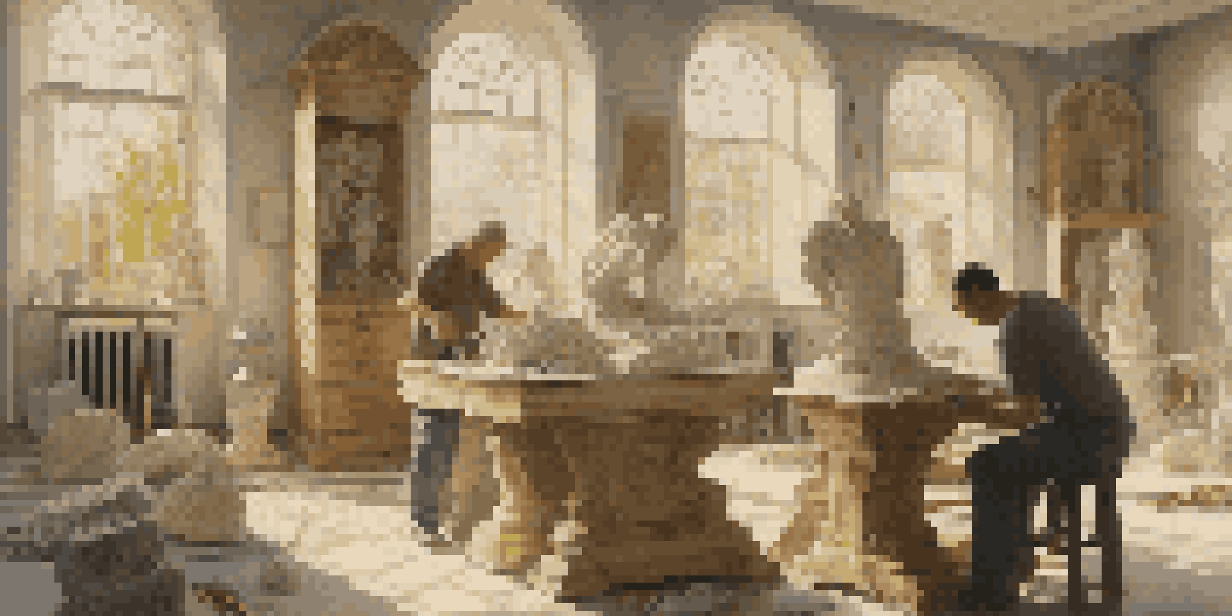 A sculptor chiseling a marble statue in a bright studio filled with tools and natural light, surrounded by marble and wood pieces.