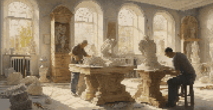 A sculptor chiseling a marble statue in a bright studio filled with tools and natural light, surrounded by marble and wood pieces.