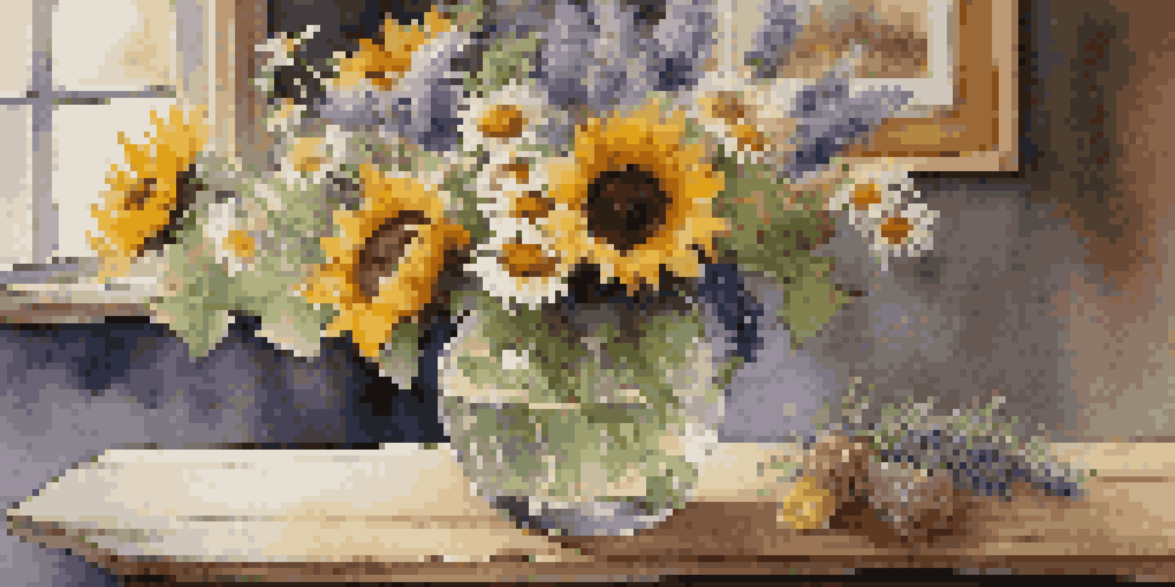 A still life of various flowers in a glass vase on a wooden table, with a soft-focus background.