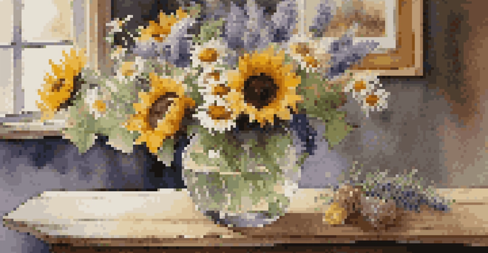 A still life of various flowers in a glass vase on a wooden table, with a soft-focus background.