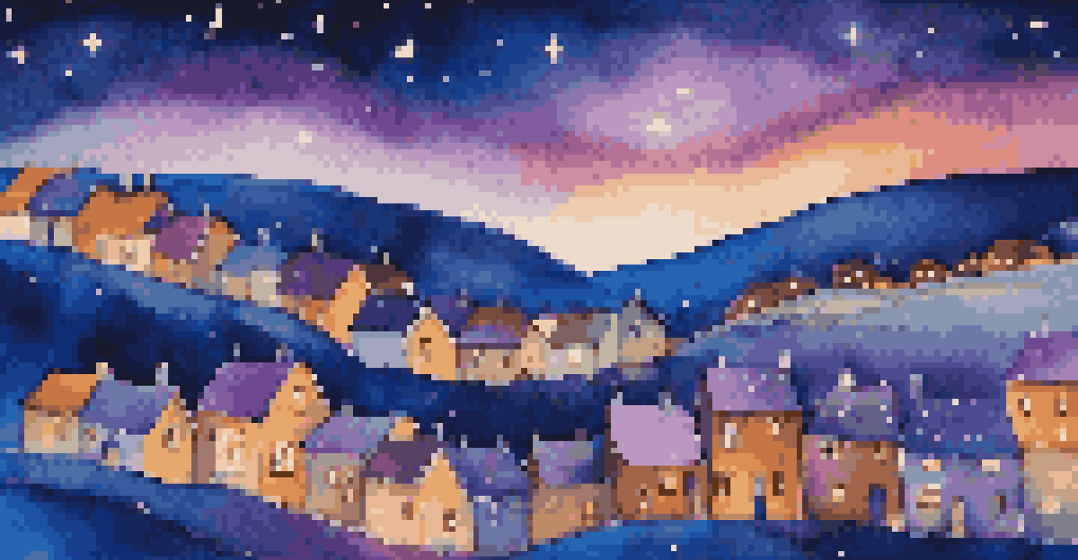 A watercolor painting of a starry night sky above a village, with glowing windows and swirling colors.