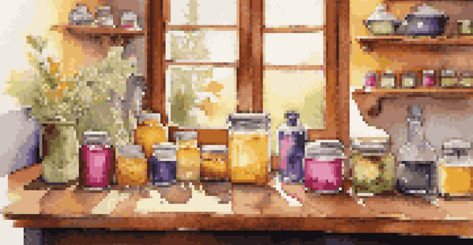 A cozy kitchen countertop with soap-making supplies including castile soap, oils, and colorants, illuminated by soft natural light.