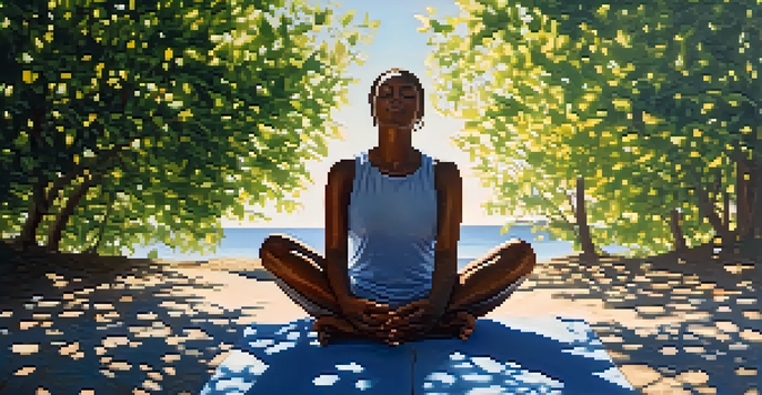 A person meditating outdoors under a blue sky, surrounded by nature and sunlight.