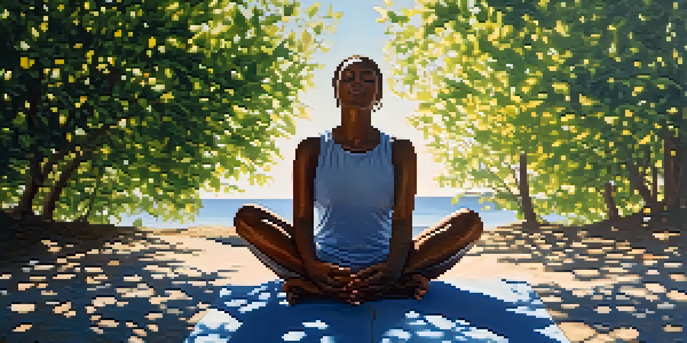 A person meditating outdoors under a blue sky, surrounded by nature and sunlight.