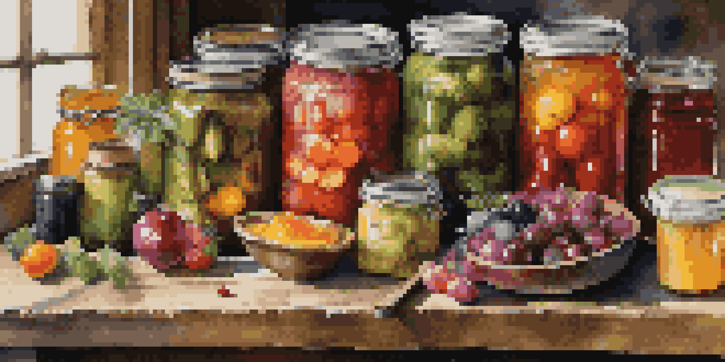 A beautiful arrangement of preserved foods including jars of pickles and colorful jams on a wooden table, illuminated by soft natural light.