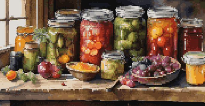 A beautiful arrangement of preserved foods including jars of pickles and colorful jams on a wooden table, illuminated by soft natural light.