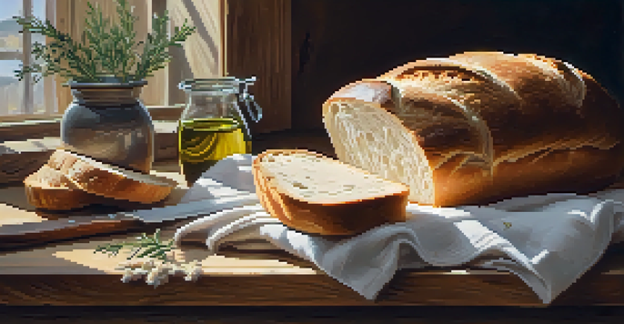 A freshly baked artisan bread on a wooden cutting board, surrounded by flour and a serrated knife, with warm light streaming in from a window.