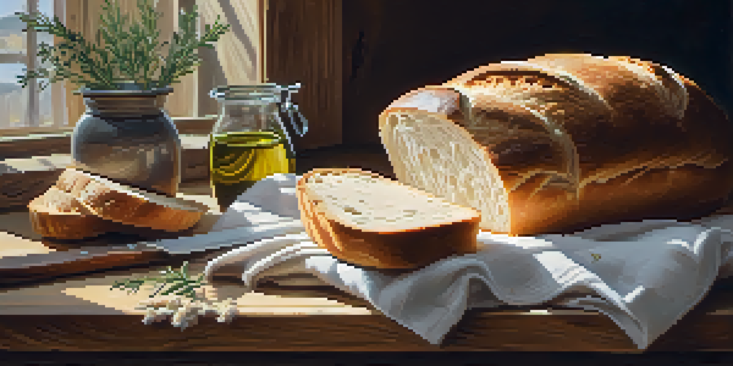 A freshly baked artisan bread on a wooden cutting board, surrounded by flour and a serrated knife, with warm light streaming in from a window.