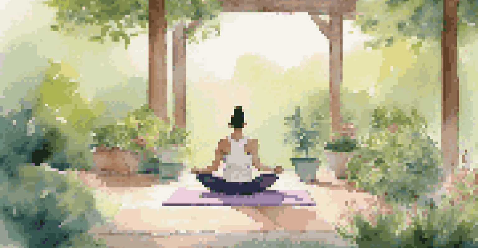 A person meditating on a yoga mat outdoors, with a tablet displaying a voice assistant in a peaceful garden.