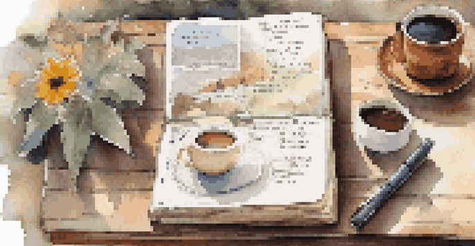 A travel journal with handwritten notes and sketches on a table, accompanied by a cup of coffee and colorful ticket stubs, illuminated by soft morning light.