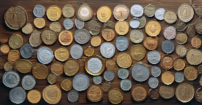 A variety of coins from different countries arranged in a circle, illuminated by soft natural light.